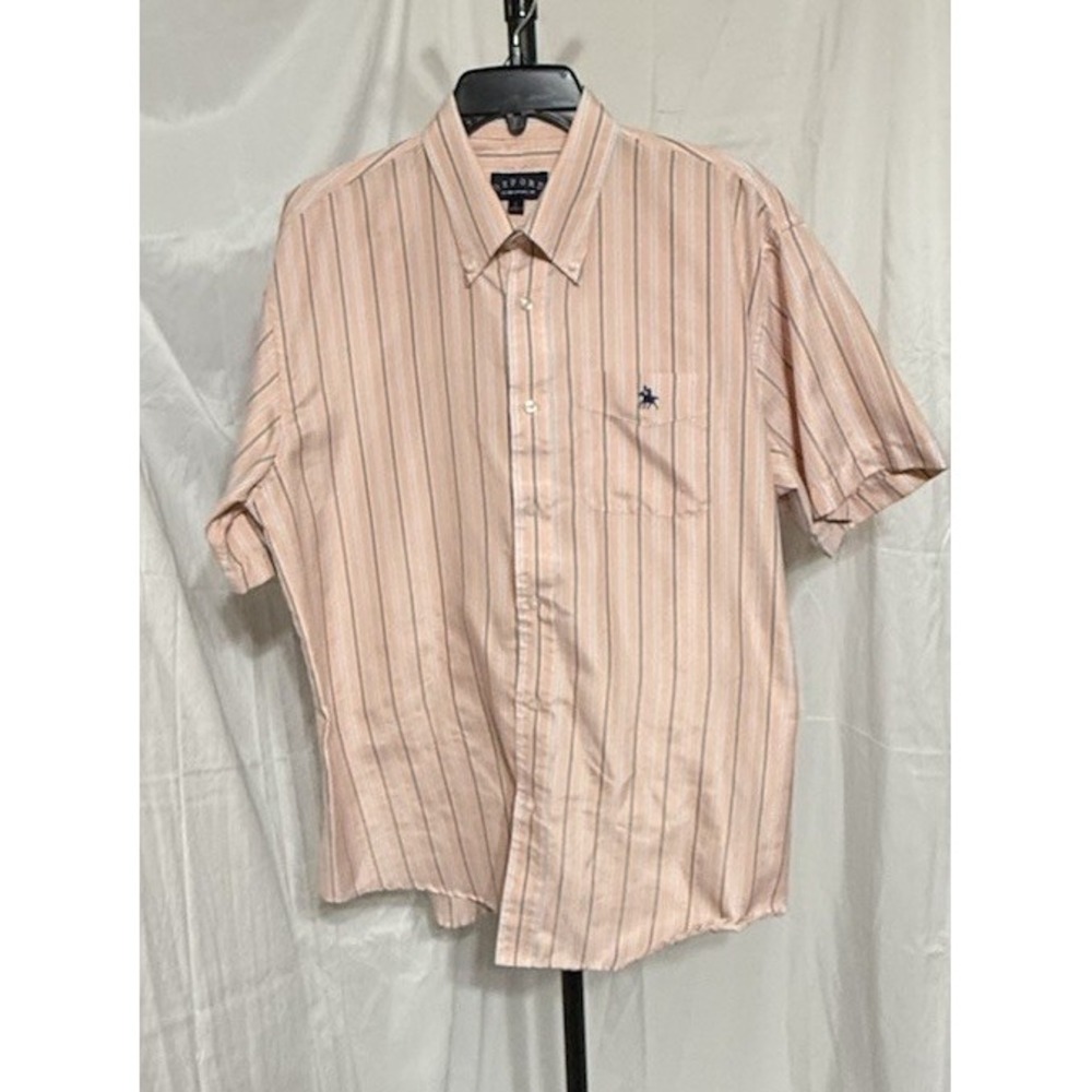Mens Oxford Shirt Short Sleeve Size Large (16-16 1/2) Pink Preppy Striped